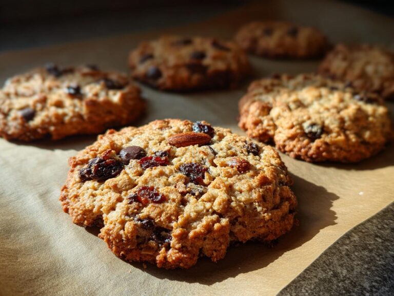 Several trail mix cookies with chocolate chips, nuts, and dried fruit on parchment paper.