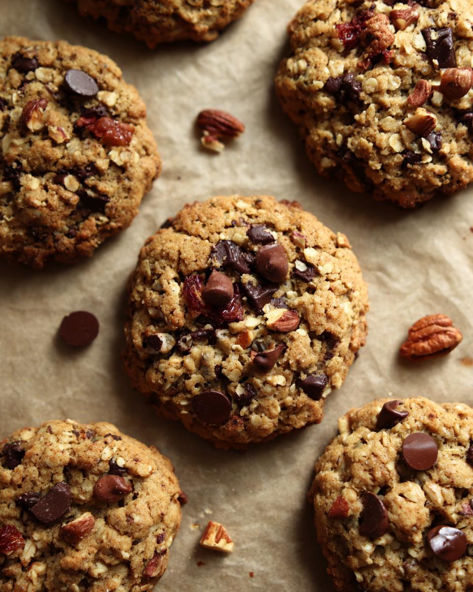 Overhead view of several trail mix cookies with chocolate chips and nuts on parchment paper.