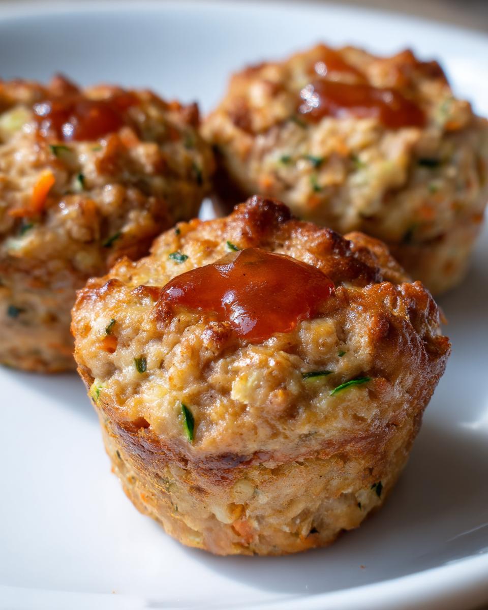Three turkey meatloaf muffins on a white plate, each topped with a glaze.