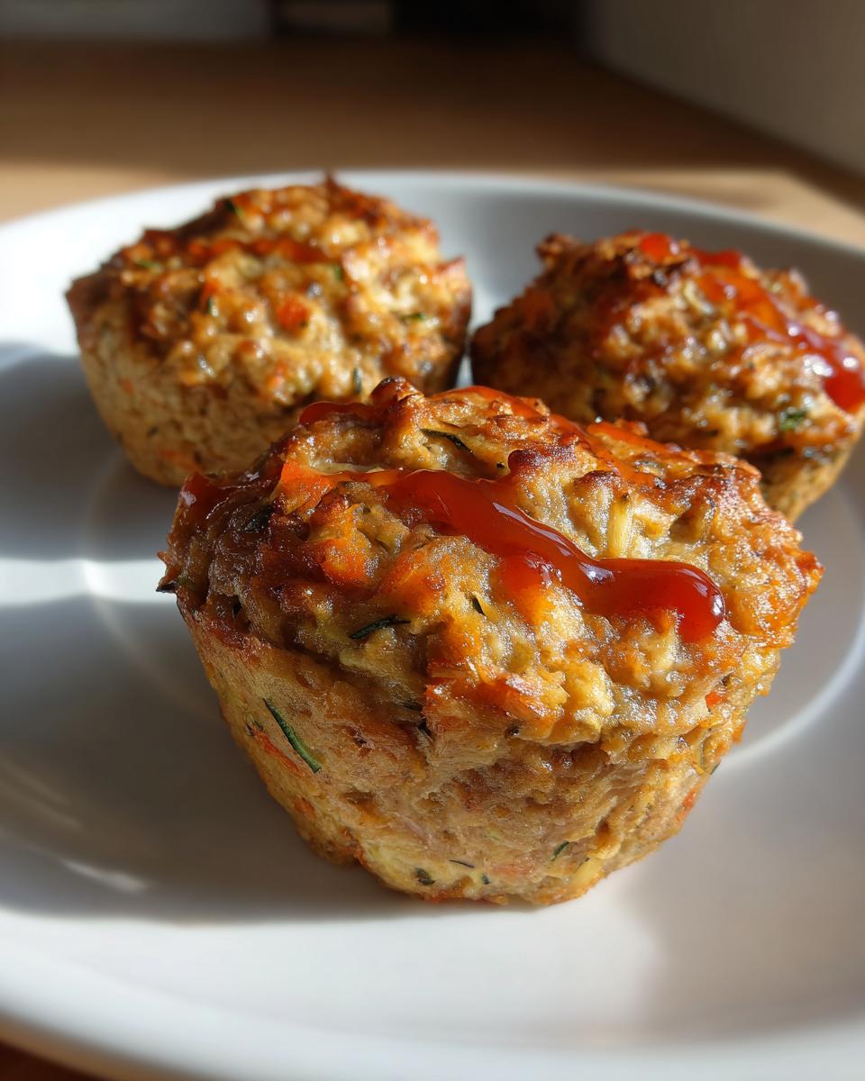 Three turkey meatloaf muffins on a white plate, topped with a drizzle of ketchup.