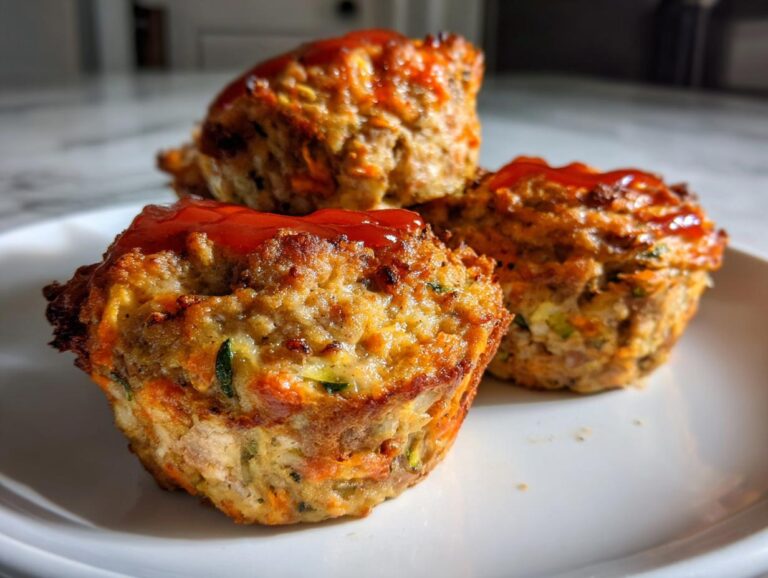 Three turkey meatloaf muffins on a white plate, topped with a ketchup glaze. Perfect portion size.