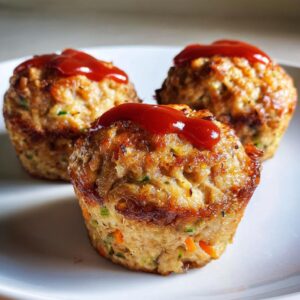 Three turkey meatloaf muffins topped with ketchup on a white plate. Perfect portion size.