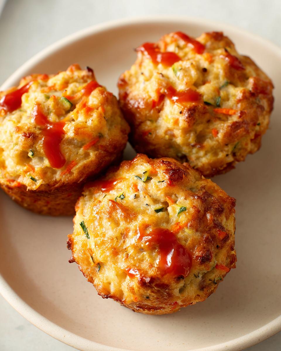 Three turkey meatloaf muffins on a plate, topped with a drizzle of ketchup. Perfect for a quick and easy meal.
