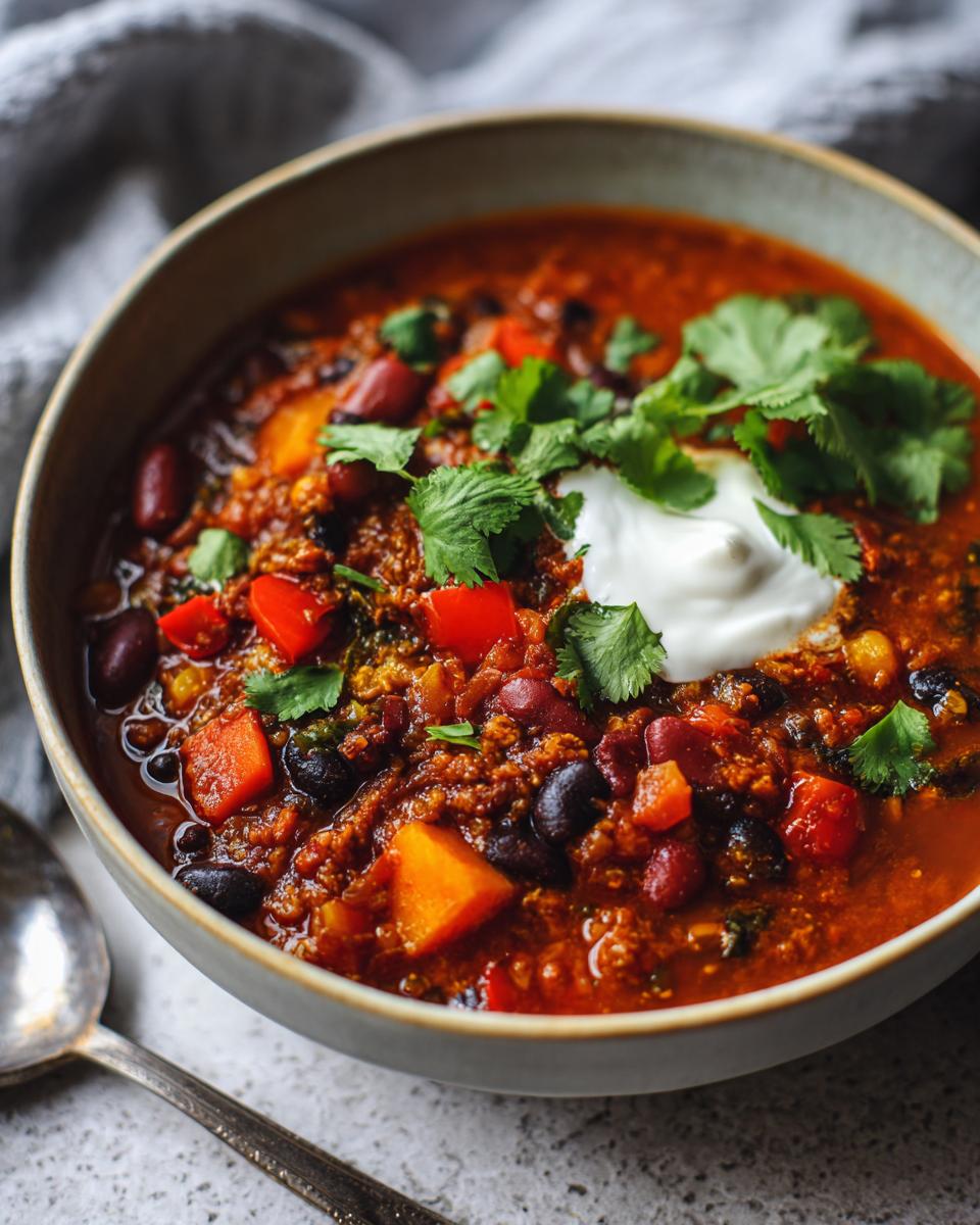A bowl of Vegetarian Chili topped with sour cream and cilantro, featuring beans, vegetables, and a rich, flavorful broth.