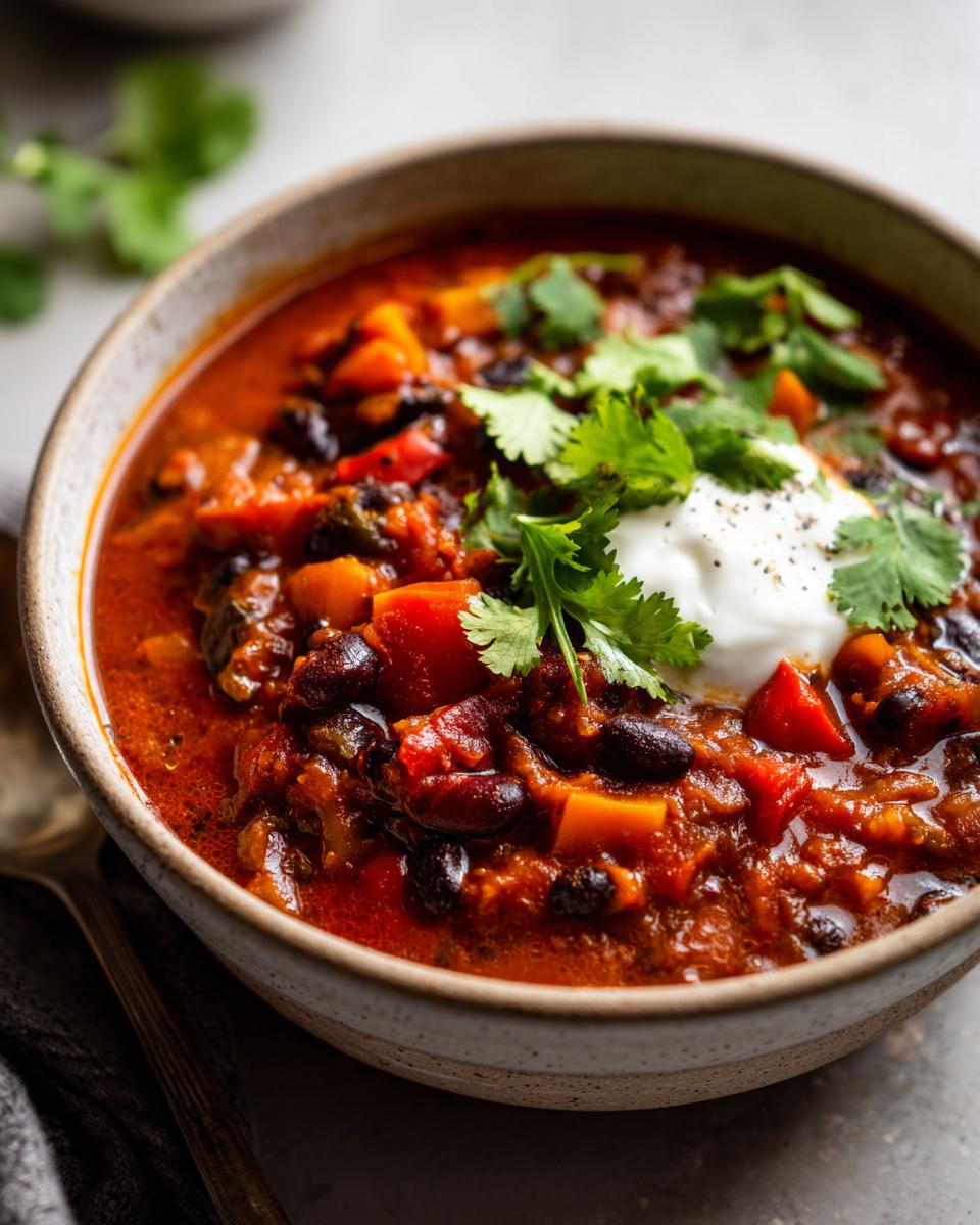 Close-up of a bowl of Vegetarian Chili, topped with sour cream and cilantro.