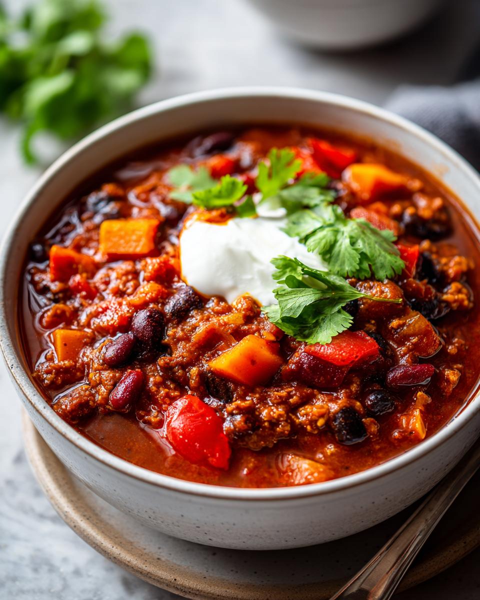 A delicious bowl of Vegetarian Chili topped with sour cream and cilantro, ready to eat.