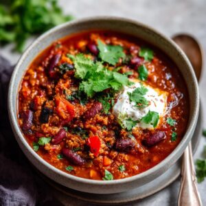 A bowl of Vegetarian Chili, topped with sour cream and cilantro, showcasing the rich texture and vibrant colors.