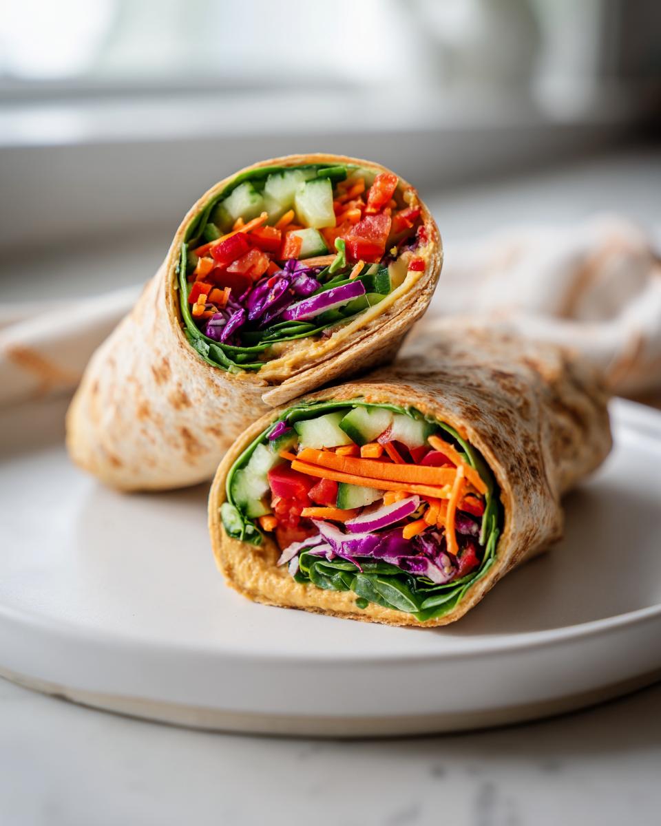 Two veggie hummus wraps cut in half on a white plate, showing colorful vegetables and hummus filling.