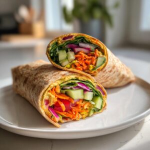 Two veggie hummus wraps, cut in half, showing the colorful filling of hummus, carrots, cucumber, and lettuce.