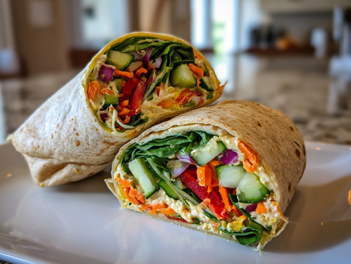 Two veggie hummus wraps cut in half, showcasing the colorful vegetables and creamy hummus filling.