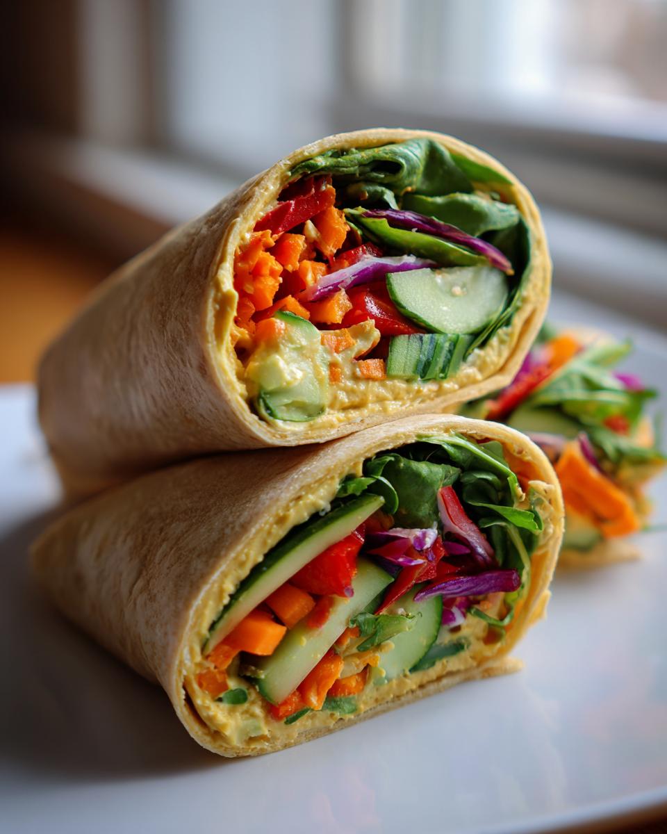Two veggie hummus wraps stacked, showcasing colorful vegetables and creamy hummus filling.