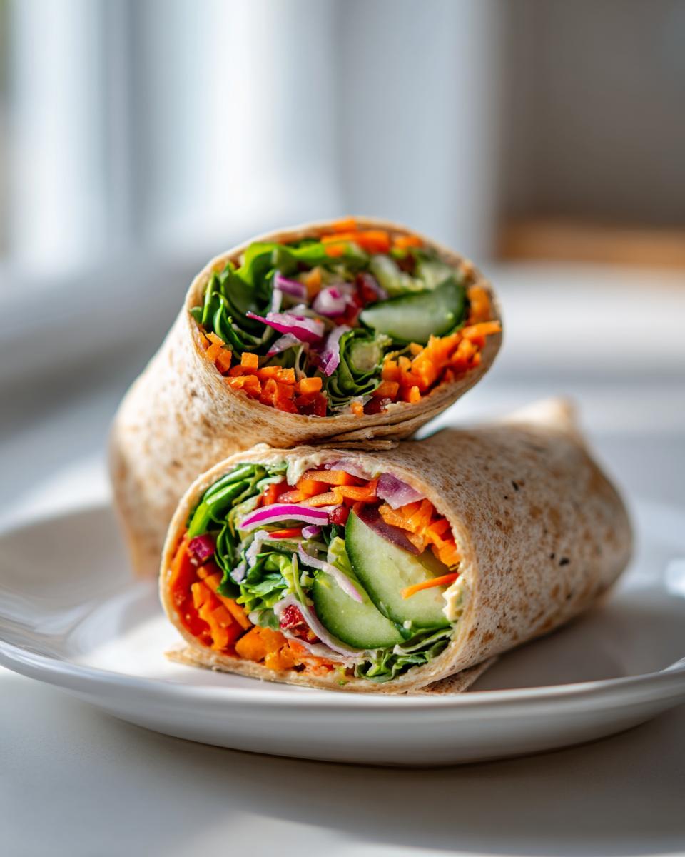 Two veggie hummus wraps stacked on a white plate, showcasing the colorful filling of lettuce, carrots, cucumber, and red onion.
