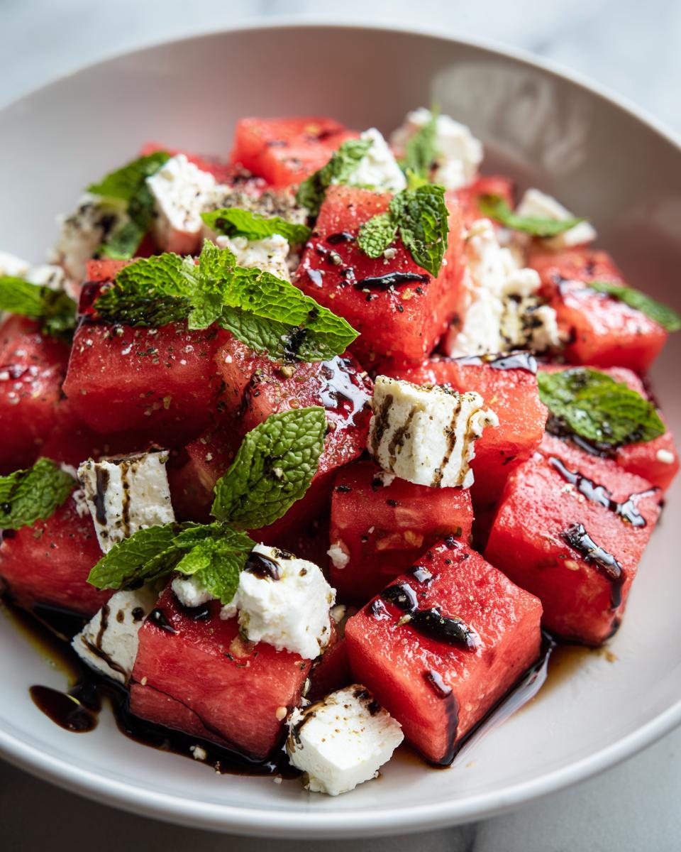 Close-up of a vibrant watermelon feta salad with mint and balsamic glaze.