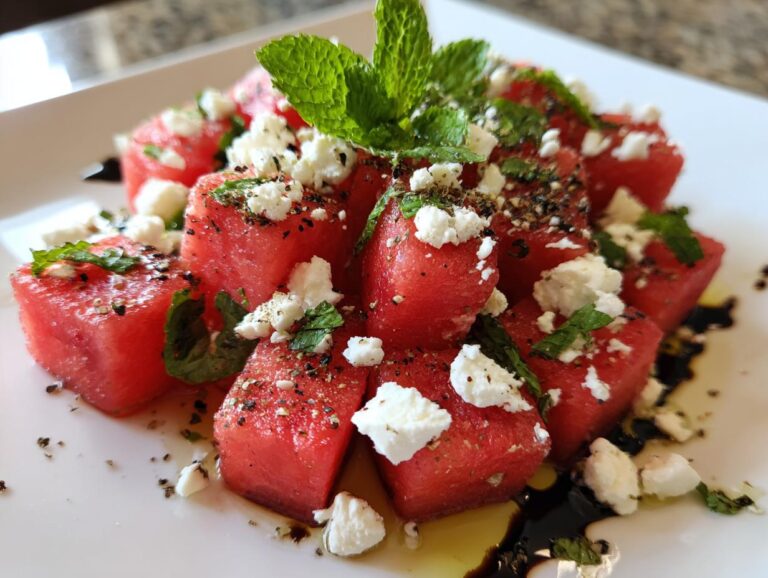 Close-up of Watermelon feta salad with fresh mint, feta cheese, and a balsamic glaze on a white plate.