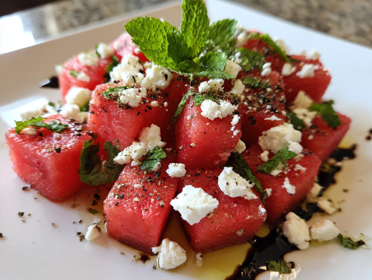 Close-up of Watermelon feta salad with fresh mint, feta cheese, and a balsamic glaze on a white plate.