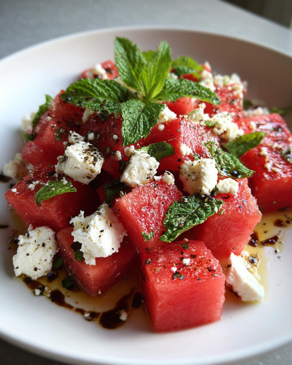 Close-up of watermelon feta salad with fresh mint and balsamic glaze. A refreshing summer dish.