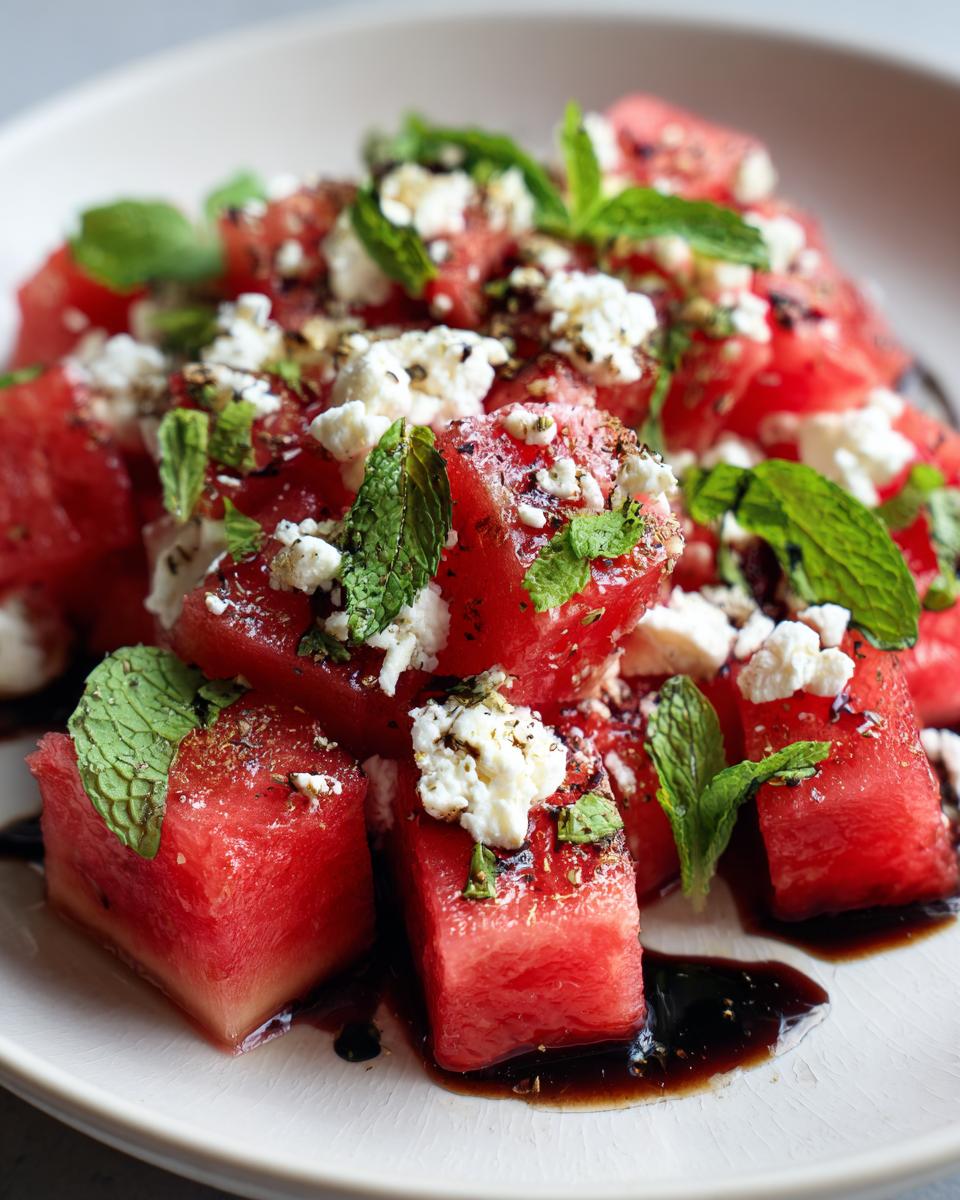 Close-up of Watermelon feta salad with fresh mint, feta cheese, and balsamic glaze on a white plate.