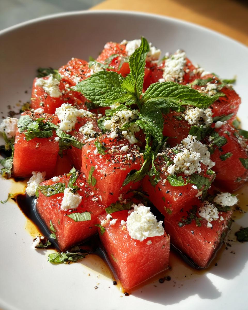 Close-up of vibrant watermelon feta salad with fresh mint, feta crumbles, and balsamic glaze.