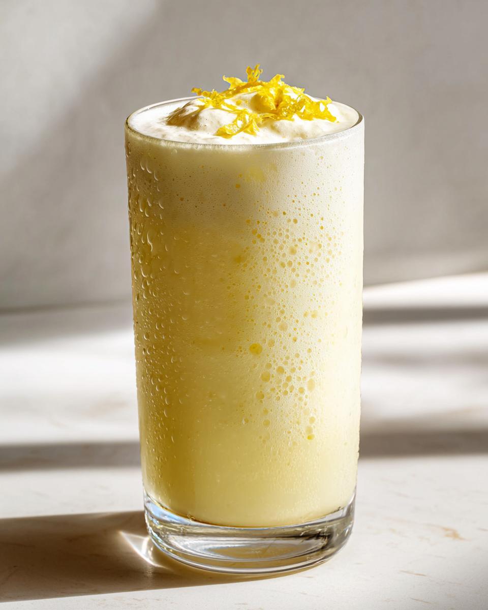 Tall glass of creamy whipped lemonade topped with lemon zest, condensation on the glass.