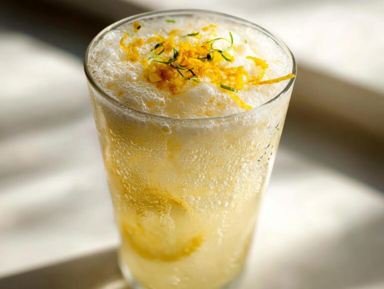 A tall glass of whipped lemonade, garnished with lemon zest, sits on a white surface.