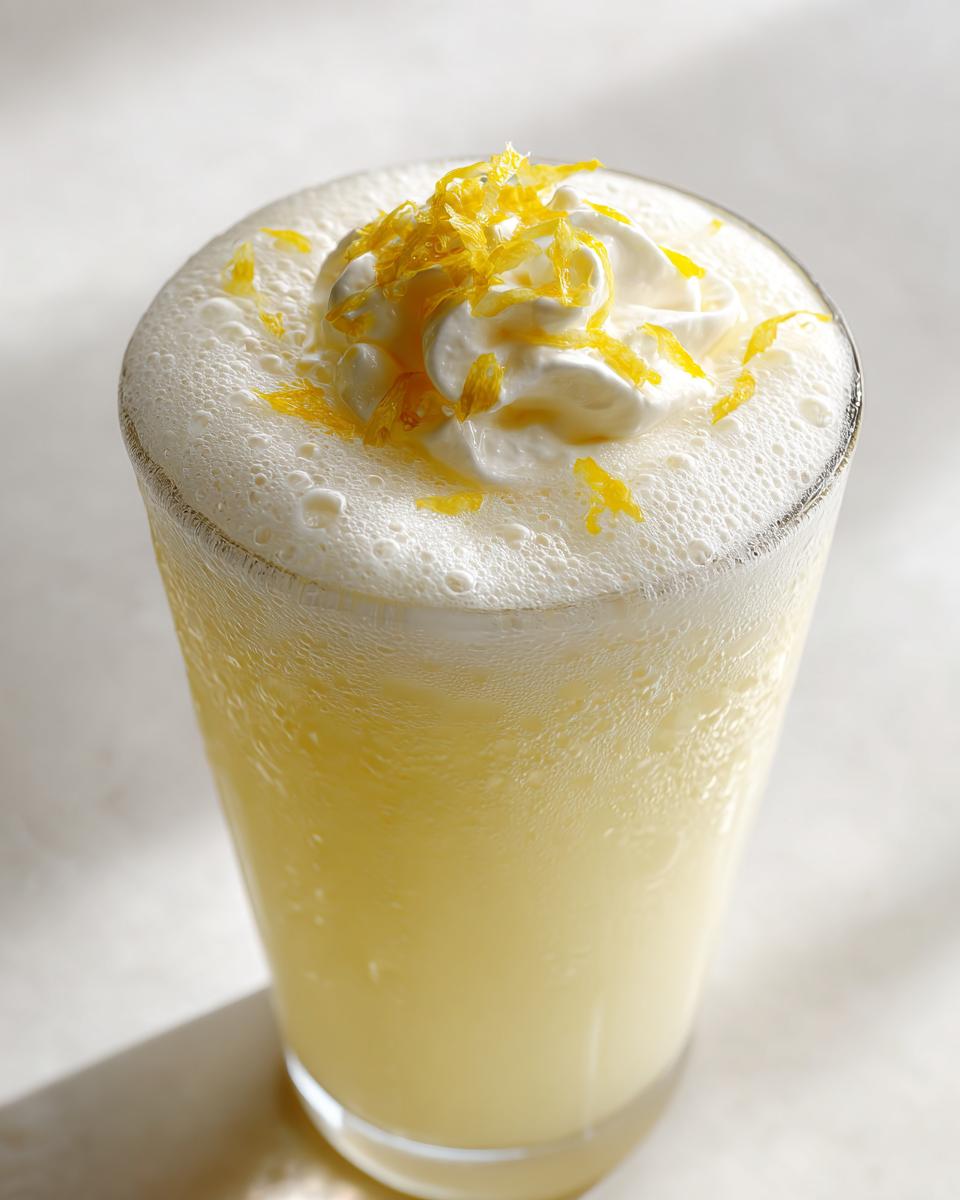 A glass of creamy whipped lemonade topped with whipped cream and lemon zest.