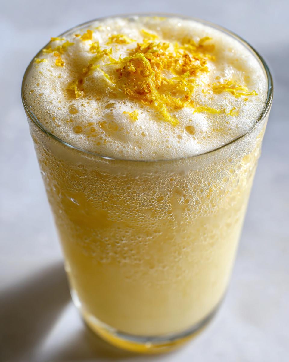 A glass of creamy whipped lemonade topped with lemon zest, showcasing its frothy texture.