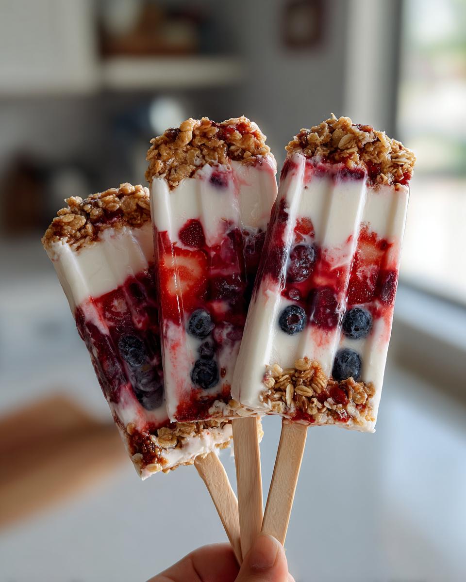 Three homemade yogurt parfait popsicles with layers of yogurt, berries, and granola.