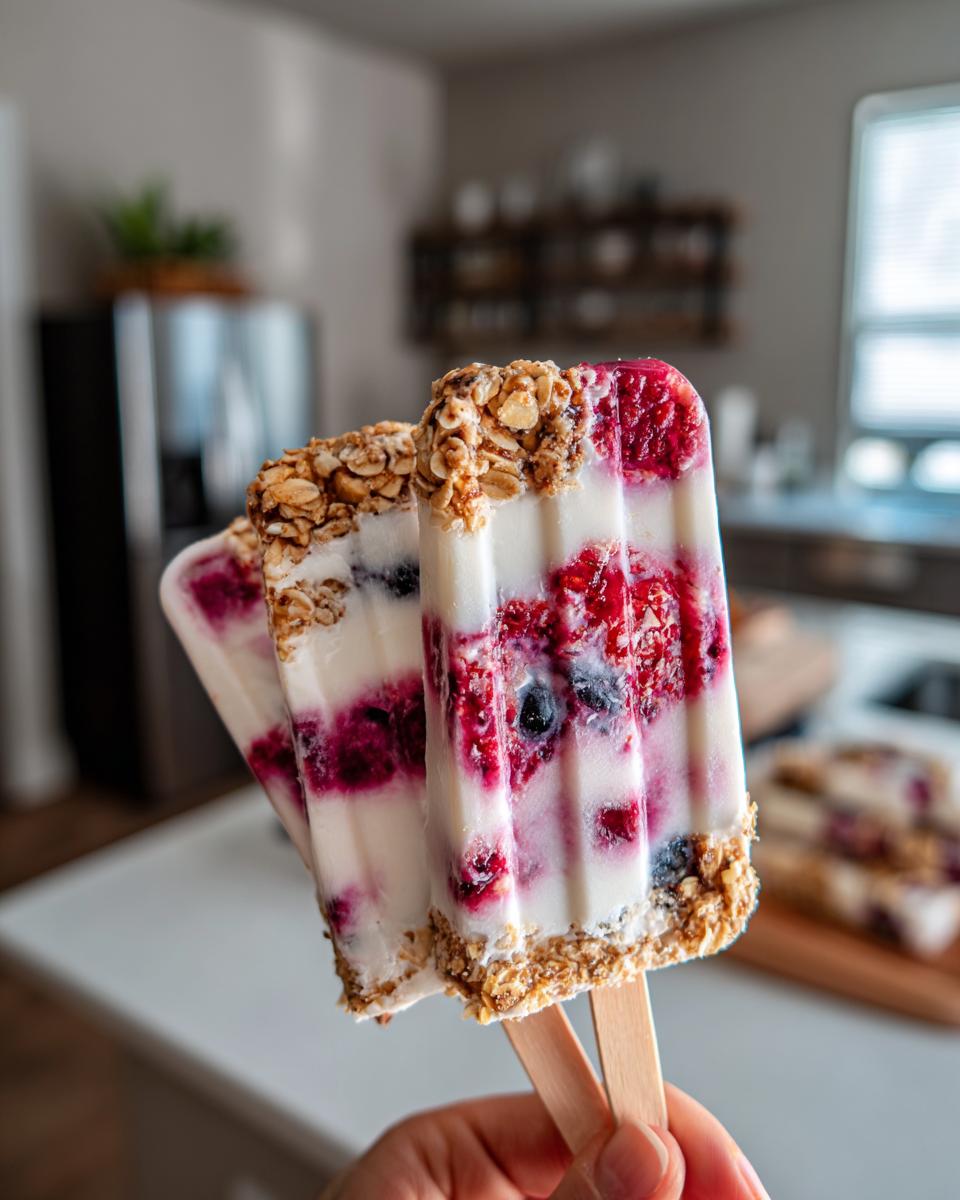 Hand holding three yogurt parfait popsicles with layers of yogurt, berries, and granola.