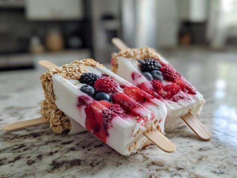 Two yogurt parfait popsicles with mixed berries and granola, ready to eat.