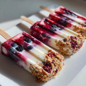 Three yogurt parfait popsicles with mixed berries and granola on a white plate. Perfect yogurt parfait popsicles recipe.