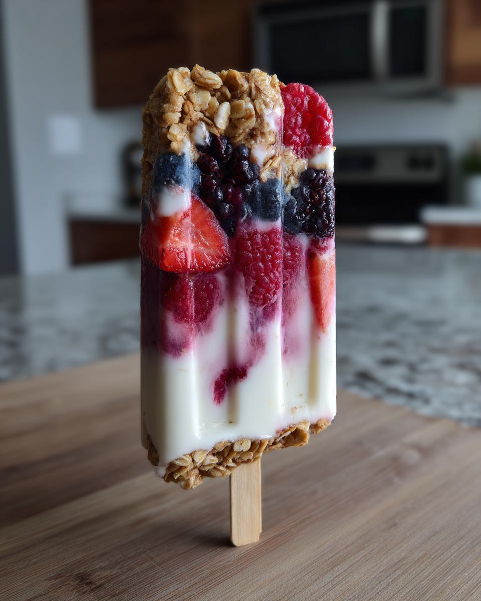 A vibrant yogurt parfait popsicle with layers of yogurt, granola, and mixed berries.