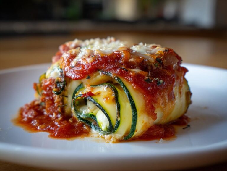 A single zucchini lasagna roll-up on a white plate, topped with tomato sauce and cheese.