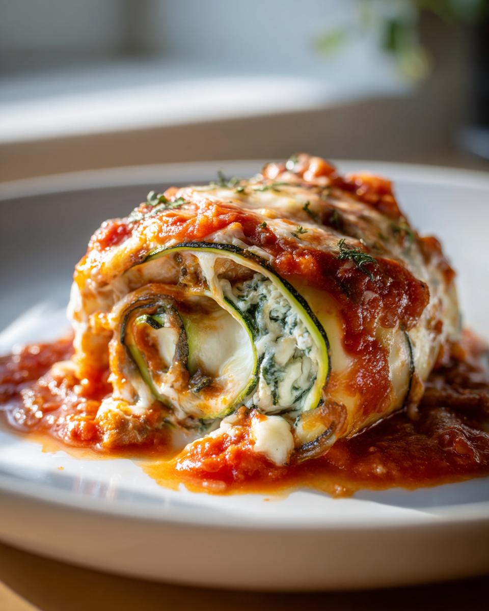 A single zucchini lasagna roll-up on a white plate, topped with tomato sauce and herbs.