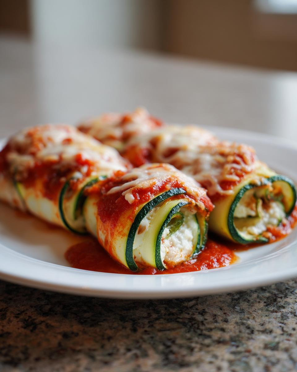 Four zucchini lasagna roll-ups filled with cheese and topped with tomato sauce and melted cheese on a white plate.