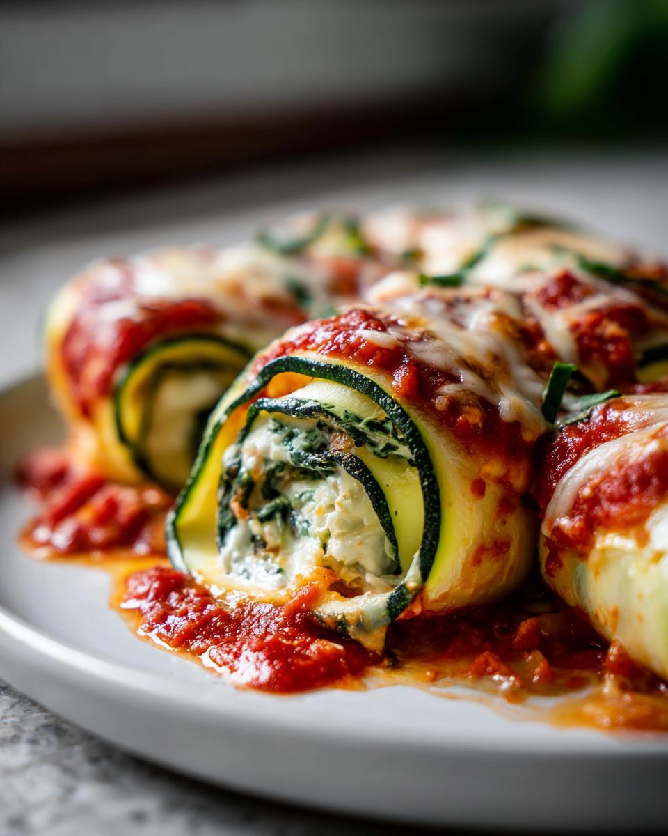 Close-up of zucchini lasagna roll-ups with ricotta filling, tomato sauce, and melted cheese on a white plate.