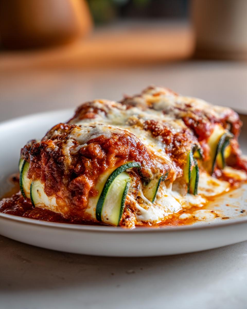 Three zucchini lasagna roll-ups on a plate, topped with tomato sauce and melted cheese.