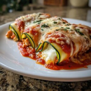 Three zucchini lasagna roll-ups on a white plate, topped with marinara sauce and melted cheese.