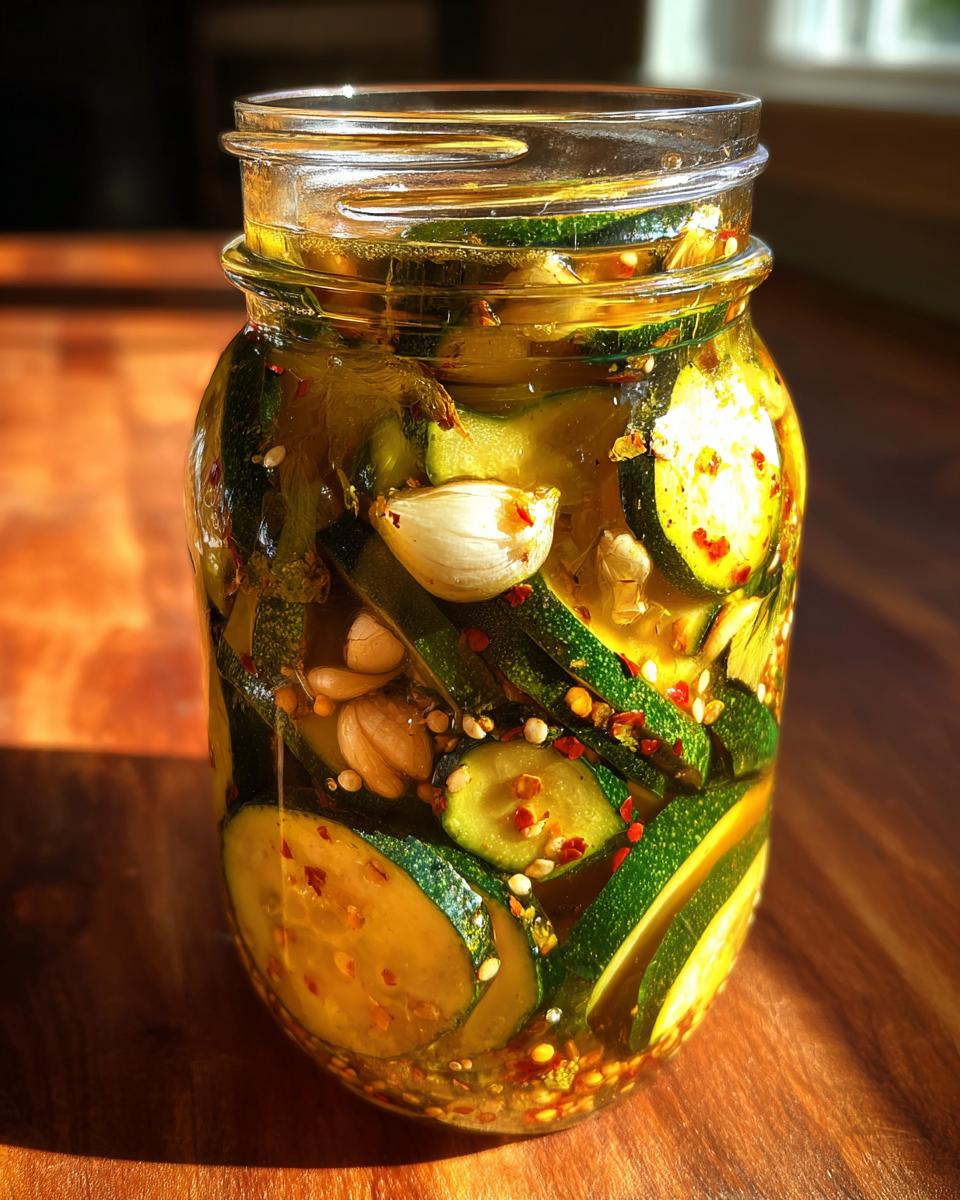 Close-up of a jar filled with homemade zucchini pickles, garlic cloves, and spices.