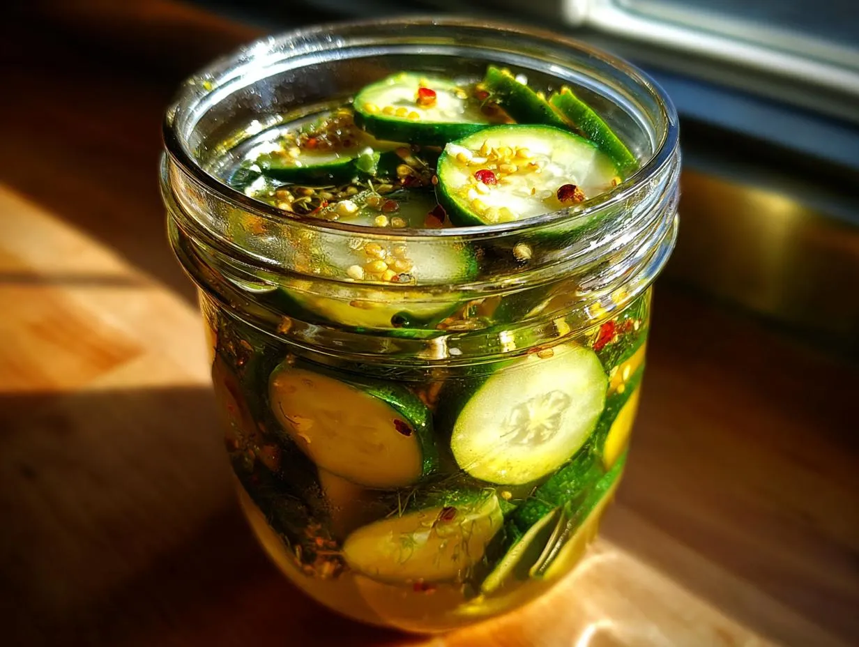 Close-up of a glass jar filled with homemade zucchini pickles, brine, and spices.