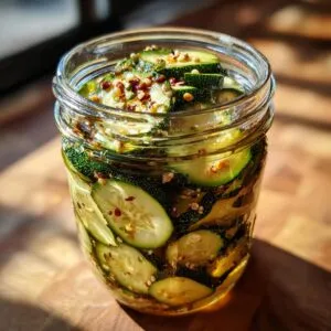 Close-up of a jar filled with homemade zucchini pickles, showing slices of zucchini, spices, and brine.