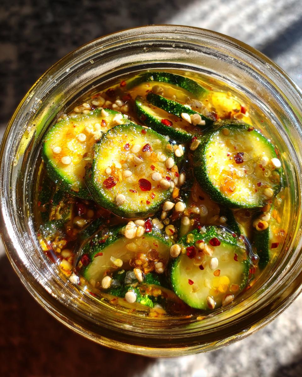 Overhead view of a jar filled with sliced zucchini pickles, spices, and brine.