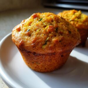 Close-up of a moist zucchini pumpkin muffin on a white plate, showcasing its texture and ingredients.