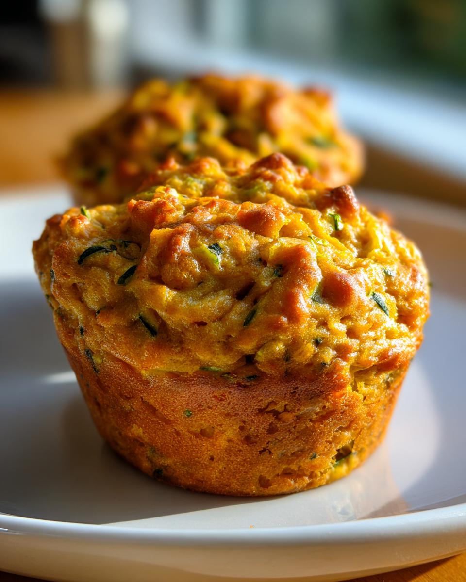 Two freshly baked zucchini pumpkin muffins on a white plate, showcasing their golden-brown color and moist texture.