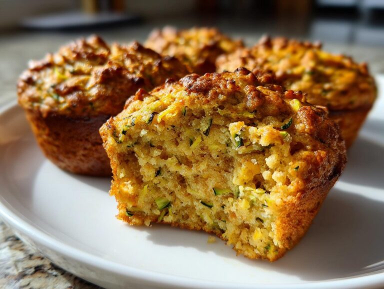 Close-up of zucchini pumpkin muffins on a white plate, one muffin with a bite taken out, showing the moist interior.