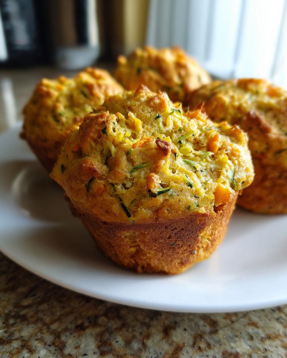 A plate of homemade zucchini pumpkin muffins, showcasing their golden-brown color and visible zucchini and pumpkin pieces.