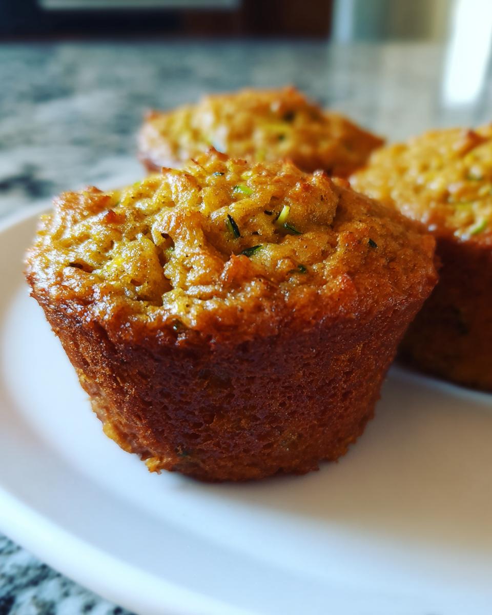 Close-up of homemade zucchini pumpkin muffins on a white plate, showcasing their moist texture.
