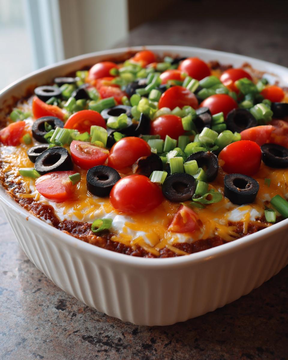 A close-up view of a 7 Layer Dip in a white baking dish, generously topped with cherry tomatoes, sliced black olives, and chopped green onions.