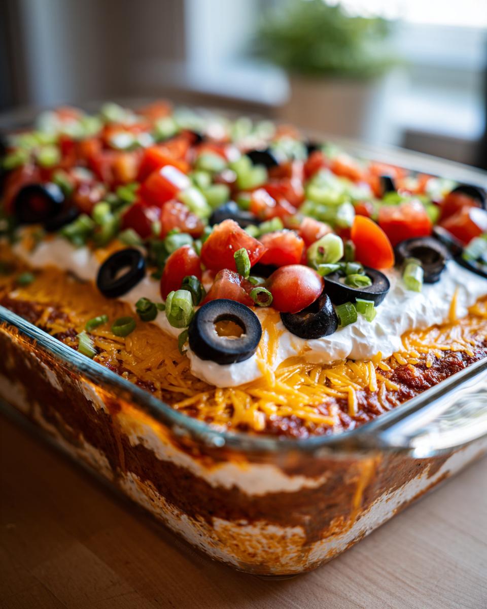 A close-up of a delicious 7 Layer Dip in a glass dish, topped with tomatoes, olives, and green onions.