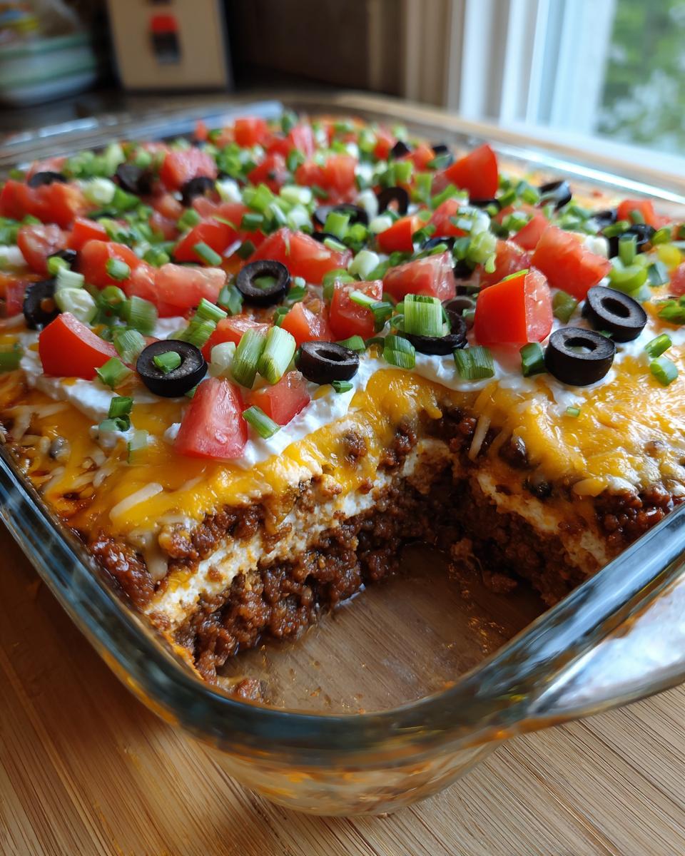 A close-up of a freshly made 7 Layer Dip in a glass baking dish, topped with tomatoes, olives, and green onions.