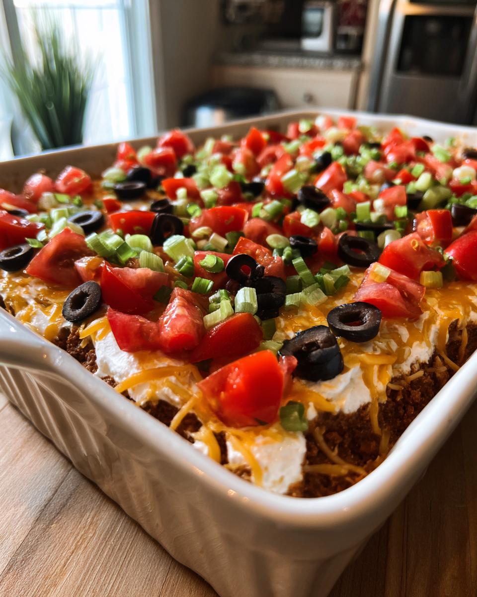 A close-up of a 7 Layer Dip in a white rectangular dish, topped with tomatoes, olives, and green onions.
